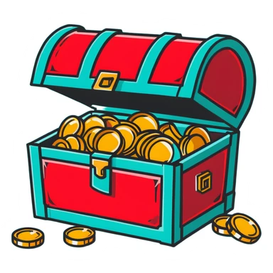 A vibrant red RPG treasure chest with gold coins spilling out sticker