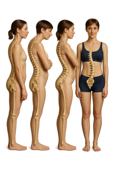 fai un immagine identica che riguarda 3 posture scorrette: scoliosi, ipercifosi e iperlordosi. falla iperrealistica anatomica in 4k con spina dorsale storta in evidenza su ogni figura sticker