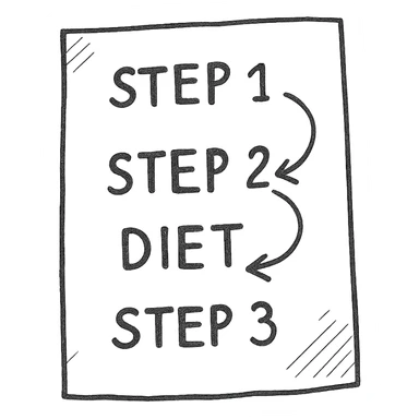 step 1, step 2 and step 3 of a diet connected with arrows, pen drawing style schematic on a white paper sheet very realistic, isolated on white background sticker