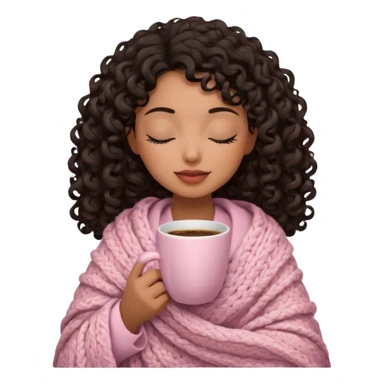 hispanic woman, brown skin, black long 3b curls, closed eyes, feminine face, holding soft pink coffee cup with beige blanket over shoulders sticker
