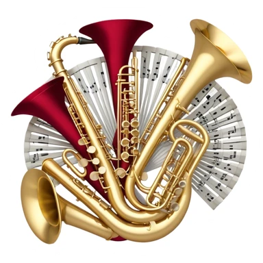 Create a festive and elegant emoji collage featuring a bouquet or fan of bells of wind instrument  (trumpets, saxophones, trombones, tubes, etc.) arranged in a radiant, symmetrical pattern. The instruments should have polished, golden and silver finishes, with their large, shiny bells forming a beautiful, fan-like display. Include a flowing ribbon of musical notes swirling through the center, conveying movement and melody. The background should feature a deep red velvet texture, adding a touch of luxury and sophistication. The overall composition should be balanced, with an elegant and regal feel, with a transparent background to keep focus on the instruments and musical elements. sticker