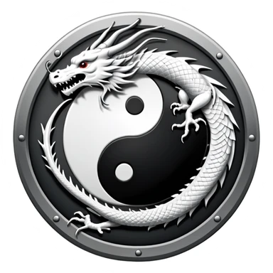 An icon symbolizing Eastern martial arts in the style of an emblem, featuring a black-and-white Yin-Yang symbol and a dragon at the center, surrounded by elements like a dojo. Transparent background highlights balance and power. sticker