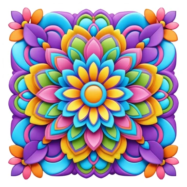 Create a 3D ultra detailed psychedelic colored square shaped hippie style flower border sticker