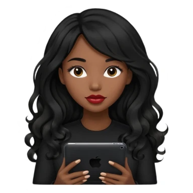 A young woman with long black hair, a wavy frange falling on half of her head.  She's black, medium to dark skinned with thick lips. She's holding an iPad, but she's wearing black casual clothes. she has long eyelashes. sticker