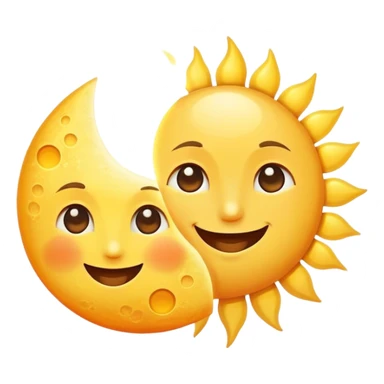 a really bright  big sun and a small moon who shines because of it. the sun is bigger and the tiny \moon bright too beside it smiling looking at each other sticker