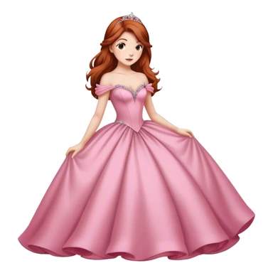 Cinematic Majestic Sleeping Beauty Portrait Emoji, rendered in a clean, vector-style with bold, simplified shapes. Show Aurora with a serene, noble expression, luminous porcelain skin, and elegantly flowing auburn hair, dressed in an opulent pink ball gown. The design radiates a majestic, enchanted glow with high shine and a soft glowing outline, embodying classic royal elegance. sticker