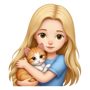 A girl with long hair tightly hugged a kitten sticker
