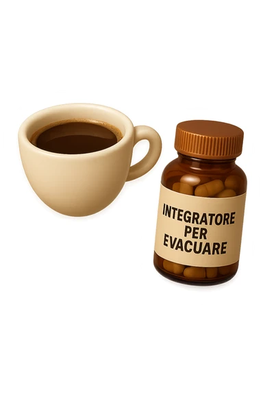 EMOJI STILE IPHONE 3D DI un caffè e di una boccetta di integratore con la scritta "INTEGRATORE PER EVACUARE" SULL'ETICHETTA CHE FLUTTUANO IN ARIA, iperrealistico 4k sticker