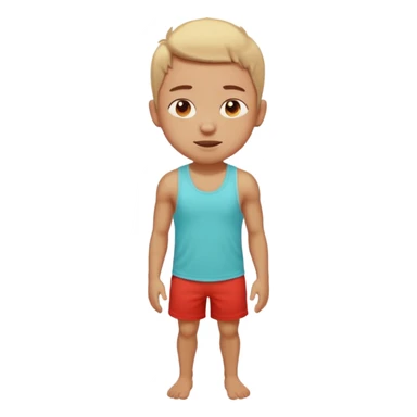 Emoji-style person standing in beach shorts, skin visibly sunburned and red on arms, legs, and face, but chest and shoulders clearly lighter with tank top tan lines. Expression shows mild pain or discomfort, cute rounded emoji design, soft 3D shading, vibrant colors sticker