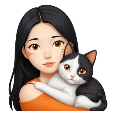 Asian girl with long black hair and the cat is lying on her shoulder, cat is mostly white with orange markings, tender moment sticker