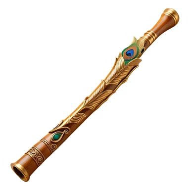 "A small, beautifully designed wooden flute with intricate golden carvings, inspired by Lord Krishna's divine flute. The flute has a gentle curve, a peacock feather elegantly placed near one end, and delicate floral engravings along its body. The design should be minimal yet artistic, suitable for an emoji, with a golden-brown wood texture and subtle shine. The background should be plain or softly glowing to highlight the flute's beauty." sticker