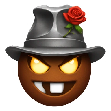 angry face made from hot molten iron with a rose as a hat sticker