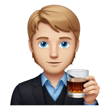 white guy light brown hair blue eyes wearing black holding whiskey sticker