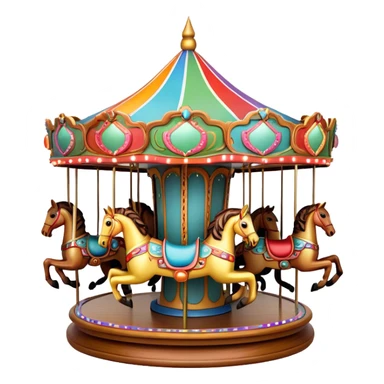 A colorful, whimsical carousel with ornate wooden horses, spinning gracefully under glowing lights. The horses are decorated with vibrant colors, and the surrounding area is filled with twinkling lights, creating a nostalgic and magical atmosphere sticker