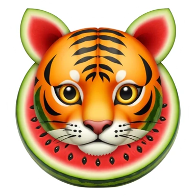 Cartoon watermelon with tiger face where the red flesh is visible, tiger stripes blending with watermelon pattern sticker