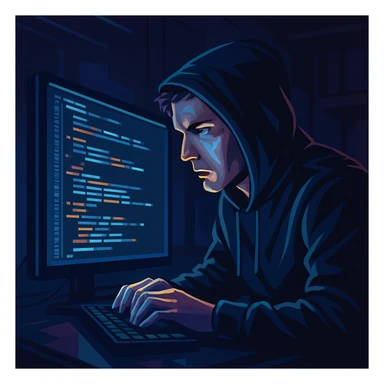 programmer in a dark hoodie, focused at a computer, modern digital art style sticker