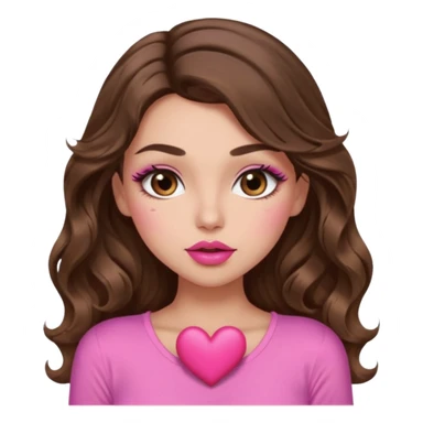 girl with long wavy brown hair, brown eyes, long lashes makeup, sexy pink lips, light to medium complexion, wearing a pink sexy top, sexy , puckering, blushing, kissing a heart sexy sticker