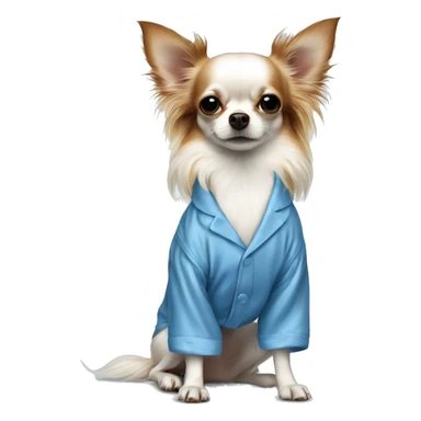 Long-haired white Chihuahua with reddish brown markings wearing blue silk pajamas sticker
