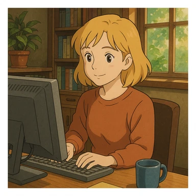 brown-eyed blonde young woman working on a computer in a cozy office sticker