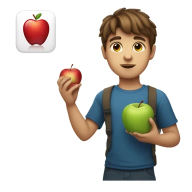 Boy with a normal face and brown hair holding up the Apple logo sticker