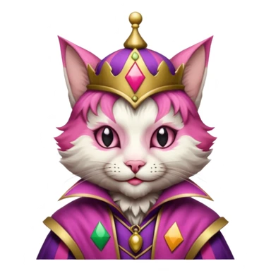court jester cat medieval, single poker card joker clearly visible, pink, face only enclosed in a medieval badge  sticker