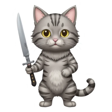 Full body gray tabby cat (no clothes) with a knofe sticker
