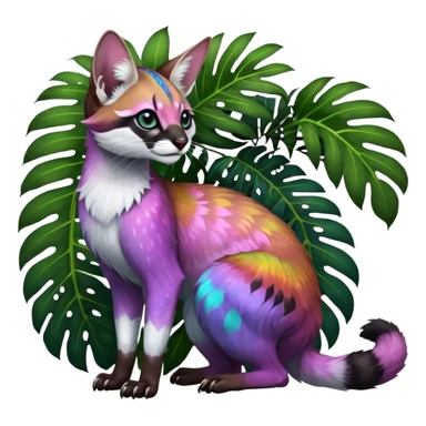 Colorful dark tropical white iridescent glorious divine exotic cute cool beautiful shiny beautiful floral fantasy-caracal-civet-genet-sergal-vernid-Cacomistle-oncilla-animal-Fakémon-hybrid-fursona (full body) sticker