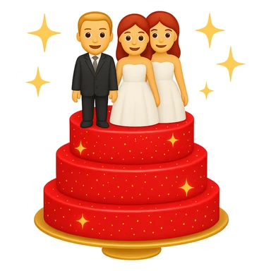 Add a sparkle effect to the red wedding cake with bride and groom toppers. Keep the background transparent. The style should resemble emoji style with bright colors and simple shapes. sticker