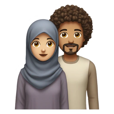 brown teen with curly hair and goatee and moustache standing and black eyes next to a girl wearing a hijab sticker