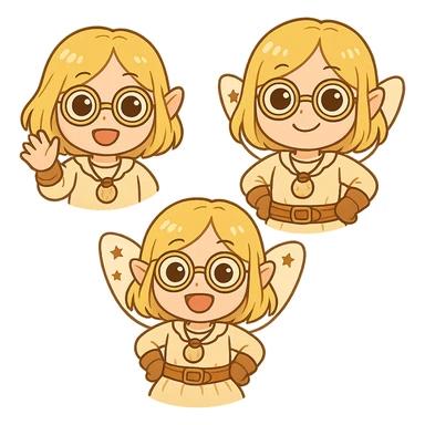 Create three new emojis of this fairy character in different poses: 1) waving, 2) hands on hips, 3) jumping with excitement. Keep the same cute chibi sticker style and outfit as the reference image. sticker