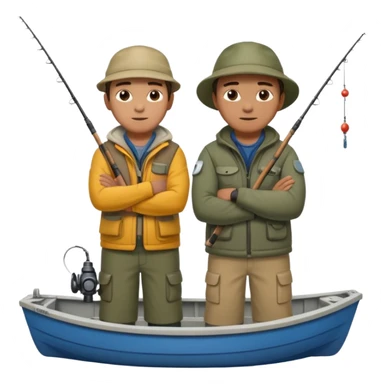 Father and son in fishing gear, arms crossed because they are cold full body sticker