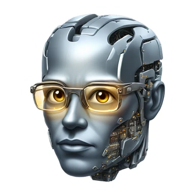 Male cyborg head with metallic skin, flat top, rectangular glasses and circuits sticker