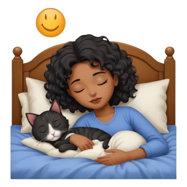 sleeping pretty black wavey hair girl in the bed, her cat is working instead of her sticker