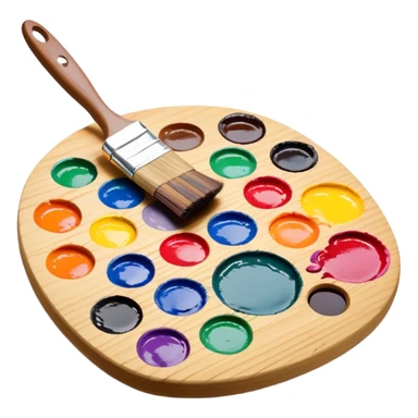 Cinematic Realistic image of a vibrant paint palette and brush, featuring a wooden palette smeared with an array of richly blended colors and a finely detailed brush with soft, delicate bristles, set against a softly textured background that evokes artistic inspiration sticker