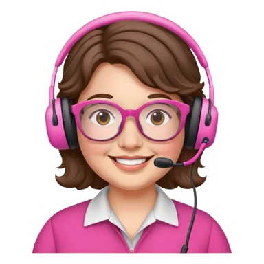 chubby English teacher face, wavy brown hair, pink glasses, smiling, gamer sticker