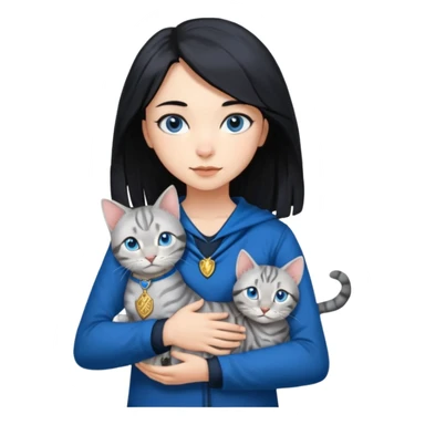 Girl with light skin, blue eyes, shoulder length straight black hair, wears a ravenclaw outfit, with a silver bengal cat holding in her arms sticker