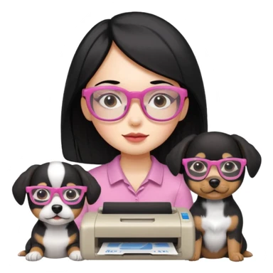 Una chica con pelo negro y lentes rosados con una impresora y dos perras una cajeta y la otra negra sticker
