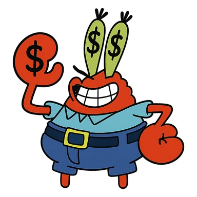 Edit the image of Mr. Krabs from SpongeBob SquarePants to have dollar-shaped eyes in a vibrant cartoon style with a transparent background. sticker