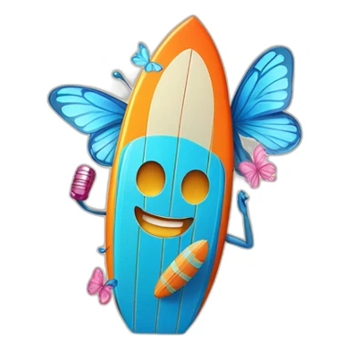 A surfboard Cartoon Blue and orange tiki smiling with butterfly and and Cartoon Blue and pink tiki singing with butterfly and mikrophone sticker