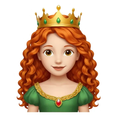 girl kid, Princess with long curly red orange hair, green dress, small crown sticker