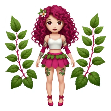full body woman long curly brown hair brown eyes white skin tattoos muscular build raspberry fairy outfit, petal skirt, thigh vines sticker