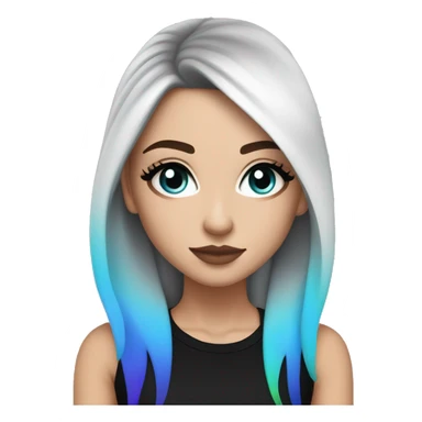 white girl blue eyes and long black hair with rainbow fringe. Wearing black crop top and has dark eye makeup on her eyes sticker