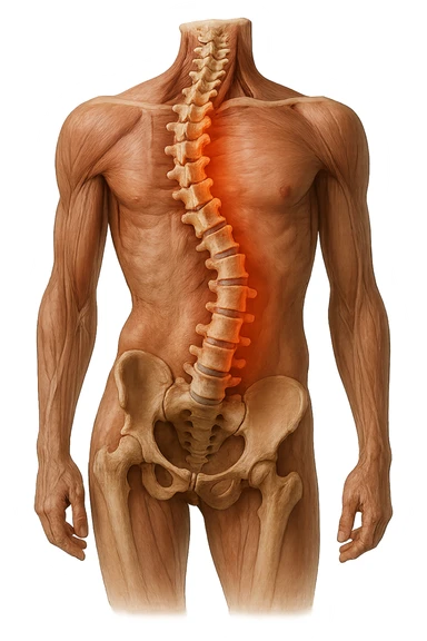 SPINA DORSALE STORTA E INFIAMMATA CON BACINO UMANO ANATOMICO REALISTICO INCLINATO, iperrealistica 4k sticker