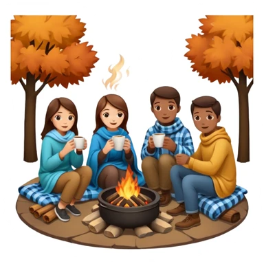People drinking coffee around a fire pit with blankets  sticker