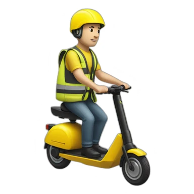 a bald white man with a yellow safety vest with a yellow bicycle helmet on a black  xiaomi e-scooter sticker