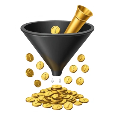 Minimalistic flat vector icon, iOS style, thin black contour on white background. Funnel with coins dropping through it. Clean, no text, no shadows.
 sticker