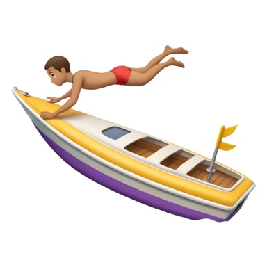 Emoji-style side view of boat with person diving off, rounded cute features, soft shading, colorful, PNG cutout sticker