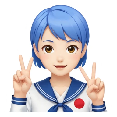 Energetic anime girl with short blue hair wearing Japanese sailor style school uniform, winking and making double peace signs, very cheerful and bubbly, kawaii style sticker