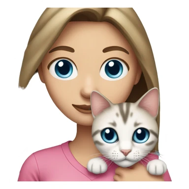 White woman with blue eyes and long dark hair wearing a pink shirt and holding a tabby cat sticker