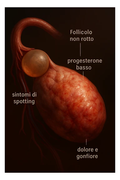 realistic and cinematic illustration of an ovary with an unruptured follicle, low progesterone, hormonal fluctuations, symptoms of spotting, pain and swelling, clinical details, captions in Italian sticker